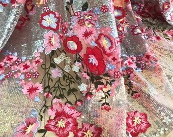 5 YARDS / Meryl Irisierende Rot Rosa Multi Color Blumen Stickerei Pailletten Tüll Mesh Spitze / Stoff Massenware