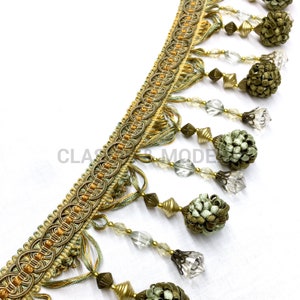 MILAN 4.5&quot; Green Gold Two Tone Beaded Trim, Beaded, Tassel, Fringe / Drapery, Upholstery, Pillows, Home Decor / By the yard