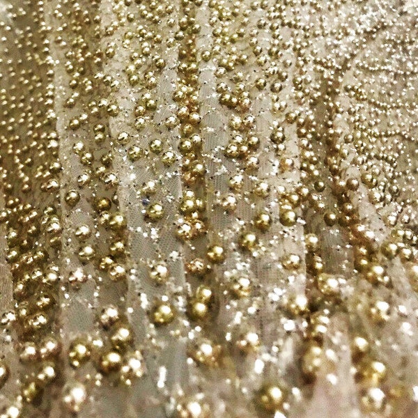 5 YARDS / Joanna Overall Gold Beads Metallic Gold Glitter Embroidery Mesh Lace / Dress Fabric