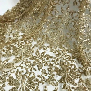 5 YARDS / Metallic Gold Glitter Embroidery Mesh Lace / Dress Fabric