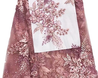 Lasori DUSTY PINK Floral Embroidery Sequin Tulle Mesh Lace / Fabric by the Yard