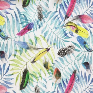 May include: A white background with a repeating pattern of colorful feathers and blue leaves. The feathers are in various shades of blue, green, yellow, red, and pink.