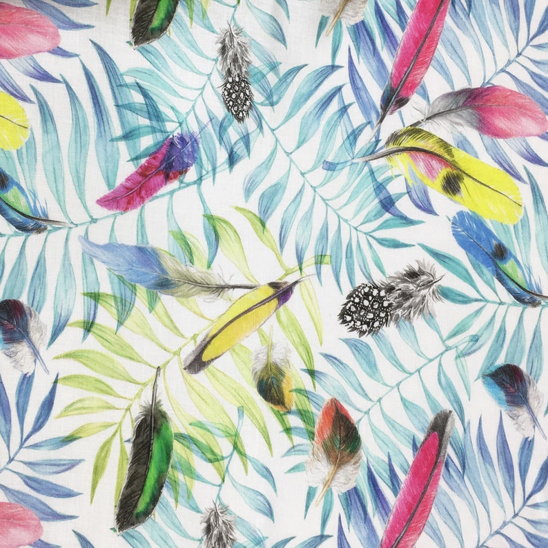 May include: A white background with a repeating pattern of colorful feathers and blue leaves. The feathers are in various shades of blue, green, yellow, red, and pink.