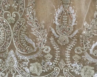 5 YARDS / Kamelia IVORY SILVER Beaded Mesh Ground Glitter Geometric Embroidery Mesh Lace / Dress Fabric