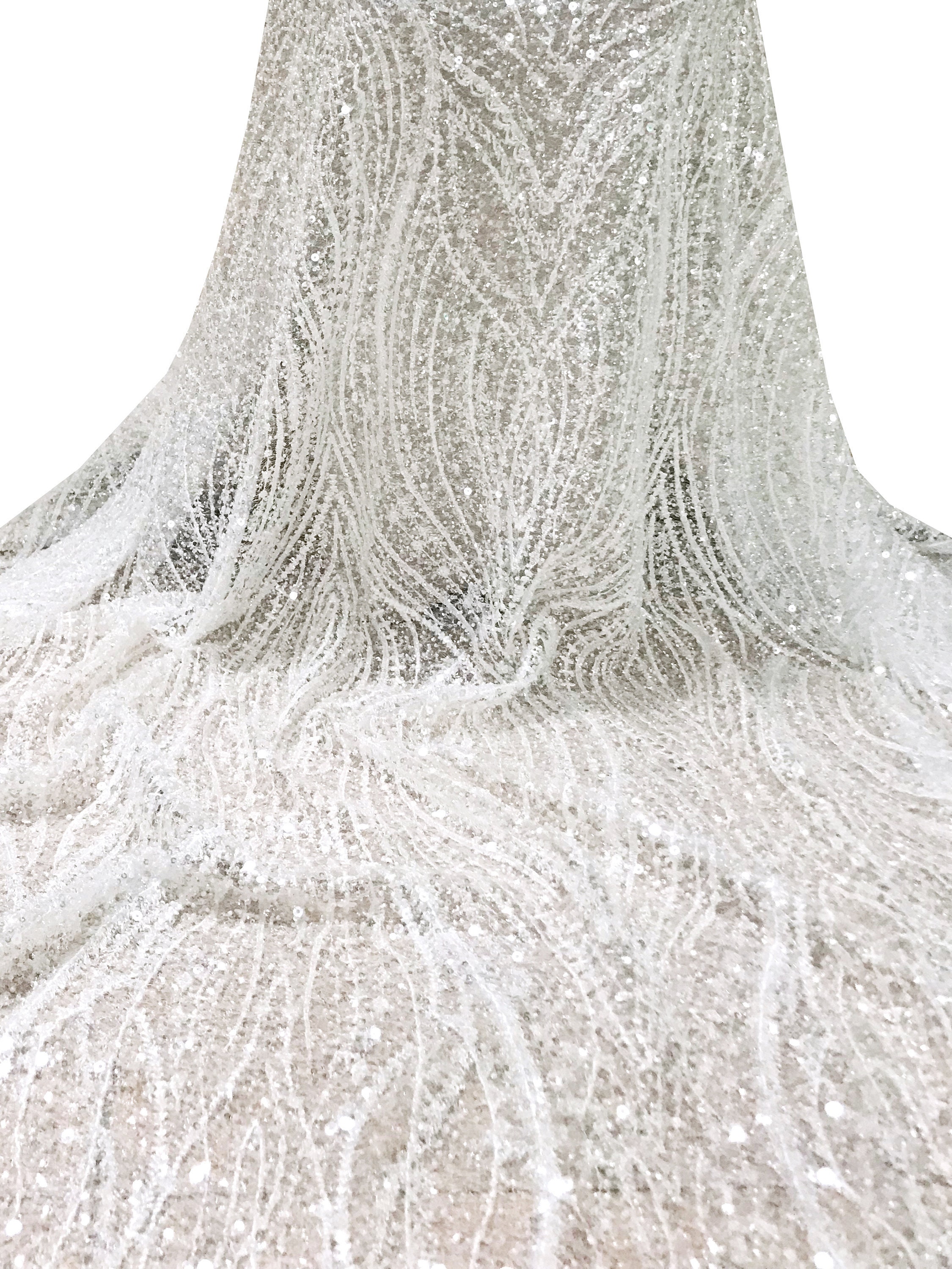 5 YARDS / Maelle Ivory Clear Off White Full Beaded Glitter Embroidery Mesh Lace Wedding Dress Fabric