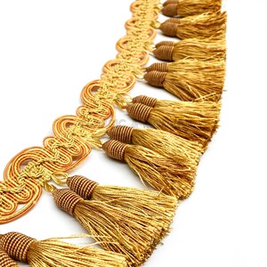 May include: Gold and brown tassel trim with a decorative woven design. The trim features a series of tassels with a looped design.