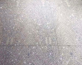 Mileos SILVER Glitter Geometric Embroidery Mesh Dress Fabric / Sold by the Yard