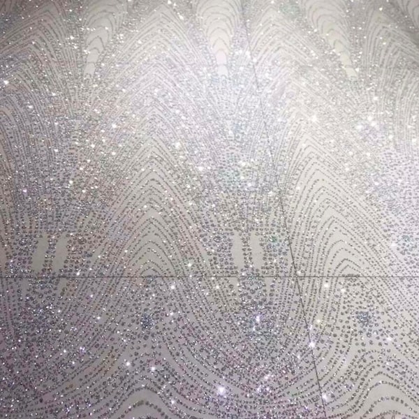 Mileos SILVER Glitter Geometric Embroidery Mesh Dress Fabric / Sold by the Yard