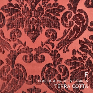 2 COLORS / Black Crimson Red Terra Cotta Velvet Damask Tone on Tone Fabric / Black, Crimson Red Fabric by the Yard