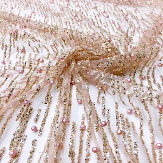Serafina ROSE PINK BLUSH Gold Glitter Beaded Mesh Lace Sequin Fabric / Sold  by the Yard -  Canada