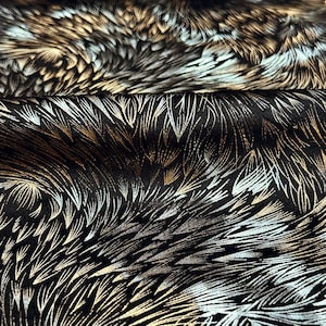 110&quot; Wide Gleam Gold Silver on Black Feather Printed Velvet Fabric / Fabric by the Yard