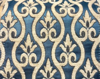 110 "NORMANDIE Royal Blau Braun Klassischer Kontrast Damast Samt-Stoff / Vorhang, Polsterung / Meterware