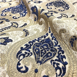 Blue Gold Versailles Damask Chenille Brocade Jacquard Fabric/Drapery, Upholstery, Decor, Costume/Fabric by the Yard