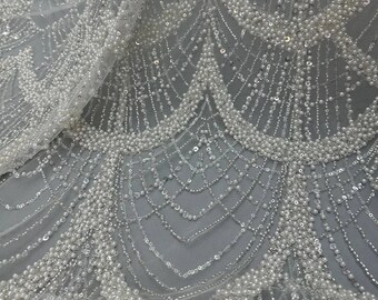 5 YARDS / Daimaeh Beaded Embroidery Glitter Mesh Lace  Party Prom Bridal Dress Fabric