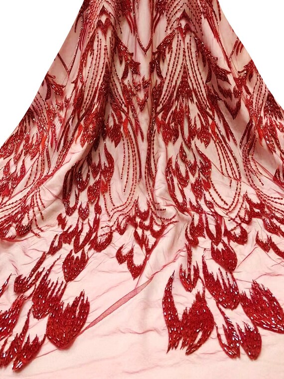 YARDS Burgundy Red Beaded Floral Embroidery Sequin Tulle Mesh Lace  Fabric by the Yard