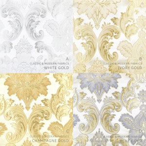 May include: Four fabric swatches with a damask pattern in different colors: white gold, ivory gold, champagne gold, and blue gold. The fabric is a classic and modern style.