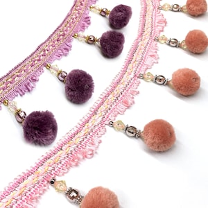 12 YARDS / ADELE 3&quot; Purple Pink Boho Pom pom Ball Bead Fringe Trim / Drapery, Upholstery, Crafts, Home Decor / By The Yard