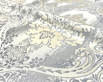 Tecido jacquard grande de damasco cinza dourado Lorens de 110" com brilho suave / Cortinas, estofados, decoração, fantasias / Tecido por metro