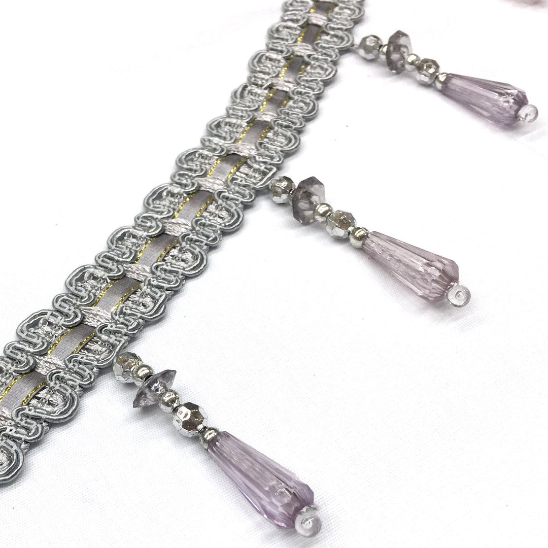 ELLA Gray 3 Beaded Tassel Fringe Trim / Drapery, Upholstery, Pillows