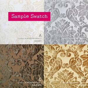 May include: Sample swatch of four fabric patterns: ivory, gray, brown, and gold. Each fabric features a damask pattern with a subtle sheen.