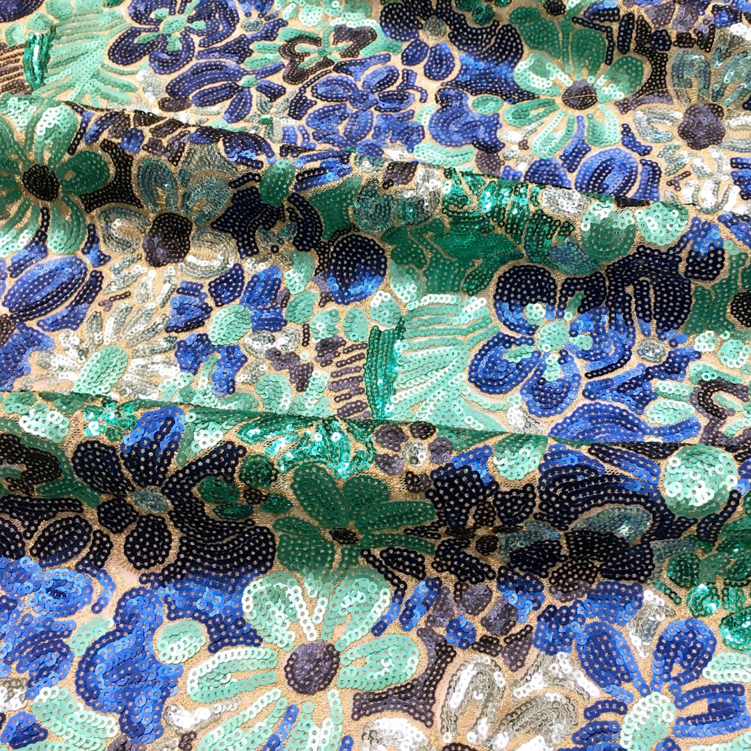All Over Blue Green Gold Floral All Over Sequins on White Mesh Lace ...