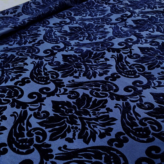  Fashion Fabrics LLC Royal Blue Damask Embossed Velvet  Upholstery Drapery Fabric - Sold by The Yard - 55