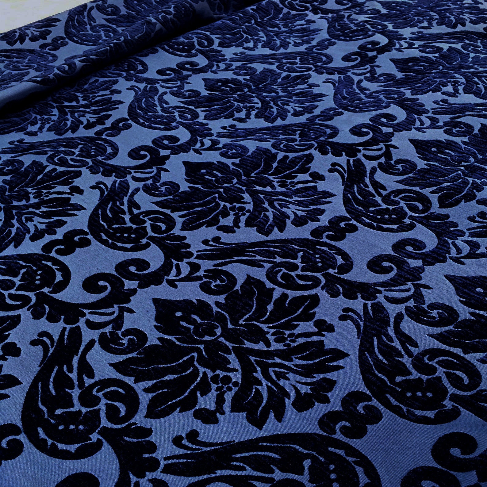 Royal Blue Damask Embossed Velvet Upholstery Drapery Fabric