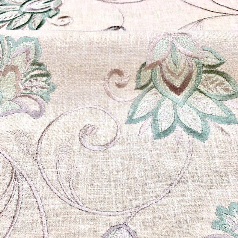 CostumeFabric by the Yard Curtain Taupe Upholstery Faux Linen Floral Embroidered Fabric Beige Light Green Drapery