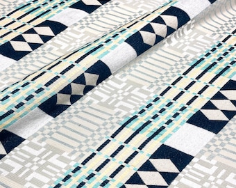 Heavy Weight Navy Blue Beige Geometric Pattern Woven Jacquard Fabric / Drapery, Upholstery, Pillow / Fabric by the Yard