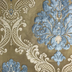Labelle damastbrokaat jacquard blauw goudgroen stof/gordijn, bekleding, decor, kostuum/stof op maat gesneden