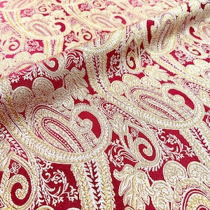 108&quot; Wide STEFANO Red Gold Beige Soft Sheen Damask Jacquard Fabric / Drapery, Upholstery, Pillow, Costume / Fabric By the Yard