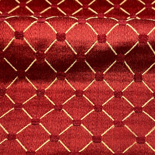 Tissu/rideaux jacquard brocart brodé points losanges rouges bordeaux Salice, draperie, tissu d'ameublement, housse/tissu par mètre