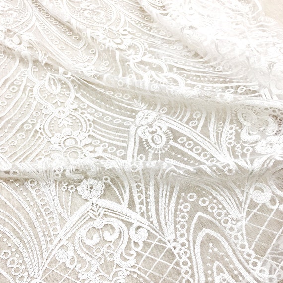 WHITE Sequin Embroidery Tulle Mesh Lace / Fabric by the Yard - Etsy