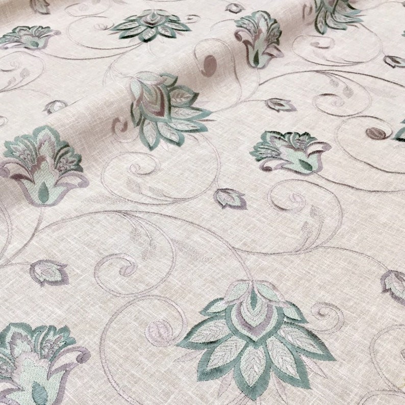 CostumeFabric by the Yard Curtain Taupe Upholstery Faux Linen Floral Embroidered Fabric Beige Light Green Drapery