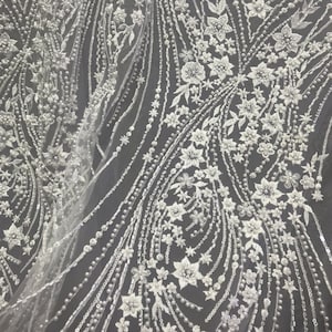 5 YARDS / Celeste White Sequin Beaded embroidered  Mesh Sparkly Lace Bridal Wedding Party Dress Fabric