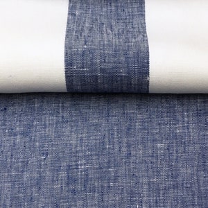 300cm / 118&quot; WIDE Lanshire Pure 100% linen Stripe Solid Fabric 175gsm / Navy Indigo White / Curtain, Upholstery, Apparel /Fabric by the Yard