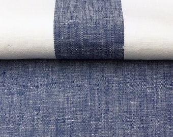 300cm / 118&quot; WIDE Lanshire Pure 100% linen Stripe Solid Fabric 175gsm / Navy Indigo White / Curtain, Upholstery, Apparel /Fabric by the Yard