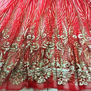5 YARDS / Red Gold Glitter Red Mesh Sequin Embroidery Lace Dress Fabric