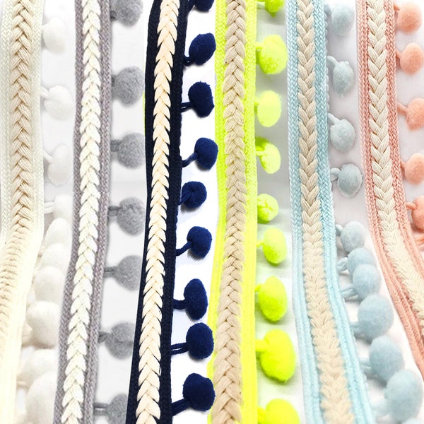 10 YARDS / CELESTE 1.25" Blue Pink White Grey Navy Blue Neon Green Boho Pompom ball Bead Fringe Trim / Drapery, Crafts, Home Decor