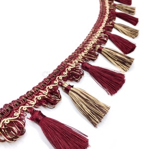 LAVIELA Burgundy Red Gold Brown 3&quot; Beaded Tassel Fringe Trim / Drapery, Upholstery, Pillows, Home Decor / By The Yard