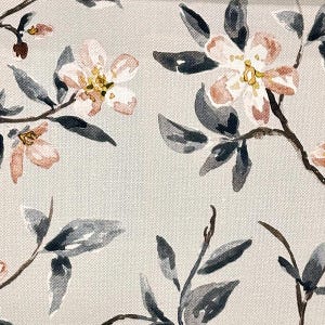 May include: A light gray fabric with a floral pattern. The flowers are pink and white with a yellow center. The leaves are dark gray.