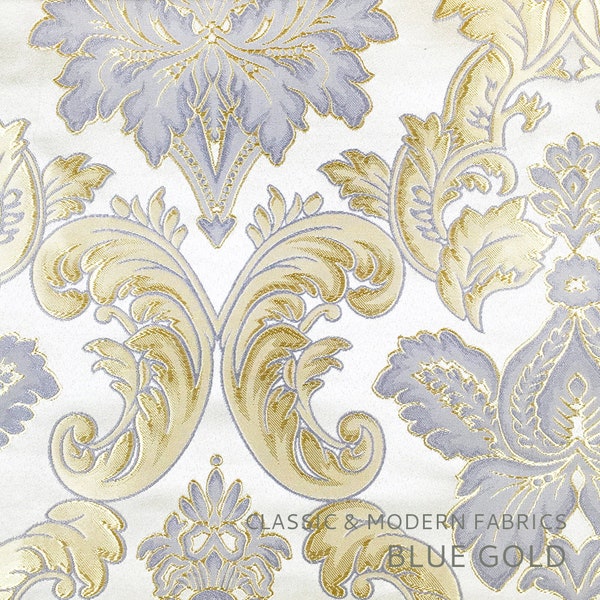 110" Wide BLUE GOLD Royal Floral Damask Jacquard Fabric/ Drapery,Upholstery,Pillow,Decor,Costume /Fabric By the Yard