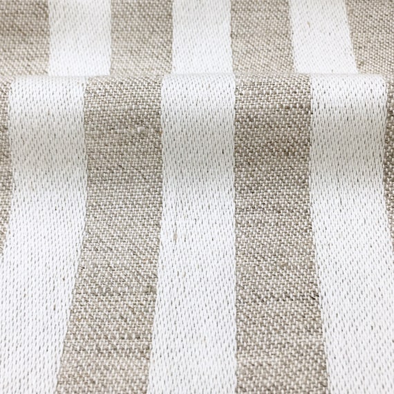 SAV III Pure 100% Beige Ivory Stripe Linen, 230 gsm / Drapery, Curtain, Upholstery, Costume, Apparel / Fabric by the Yard