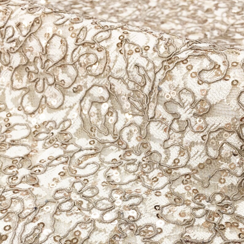 2 Colors Alexandria ROSE GOLD BLUSH Floral Embroidered Sequins on Floral Lace Fabric by the Yard