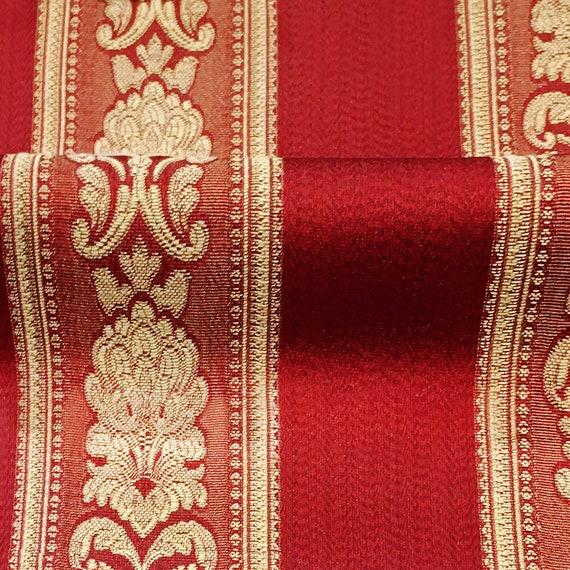 Manon Red Gold Stripe Floral Damask Jacquard Brocade Fabric