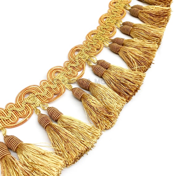 ISABELLE True Gold 3 1/2" Beaded Tassel Fringe Trim / Drapery, Upholstery, Pillows, Home Decor / By The Yard