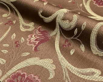 Compari Full Blossom Chenille Jacquard Fabric/Gold, Brown, Red / Drapery, Curtain, Upholstery, Costume/Fabric by the Yard