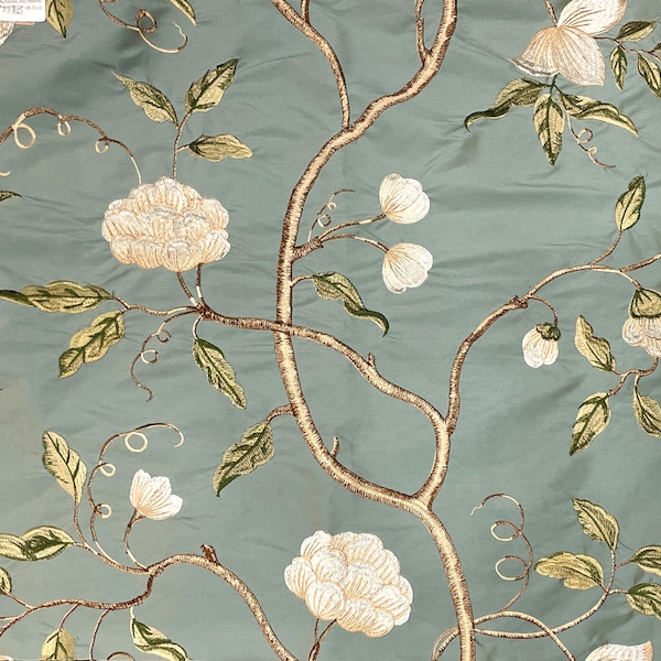 LEMAN Blue Green Seafoam Floral Embroidered Faux Silk Fabric / Drapery, Curtain, Upholstery, Pillow, Costume/ Fabric by the yard