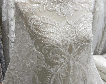 5 YARDS / Anouck White Luxurious Damask Embroidery Floral Tulle Mesh Lace Dress Fabric