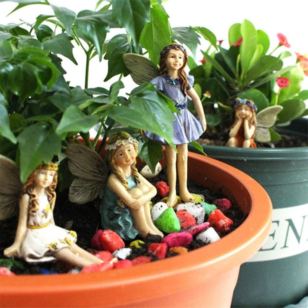 SET of 6 Fairy Garden Angle Miniture Figurine Plant Markers, Planter